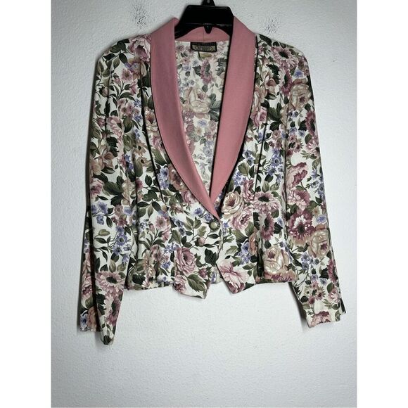 Rare Vintage Wrapper Bohemian 2 pcs Floral Print Suit Blazer Skirt Pink Trim SzS - Picture 4 of 16